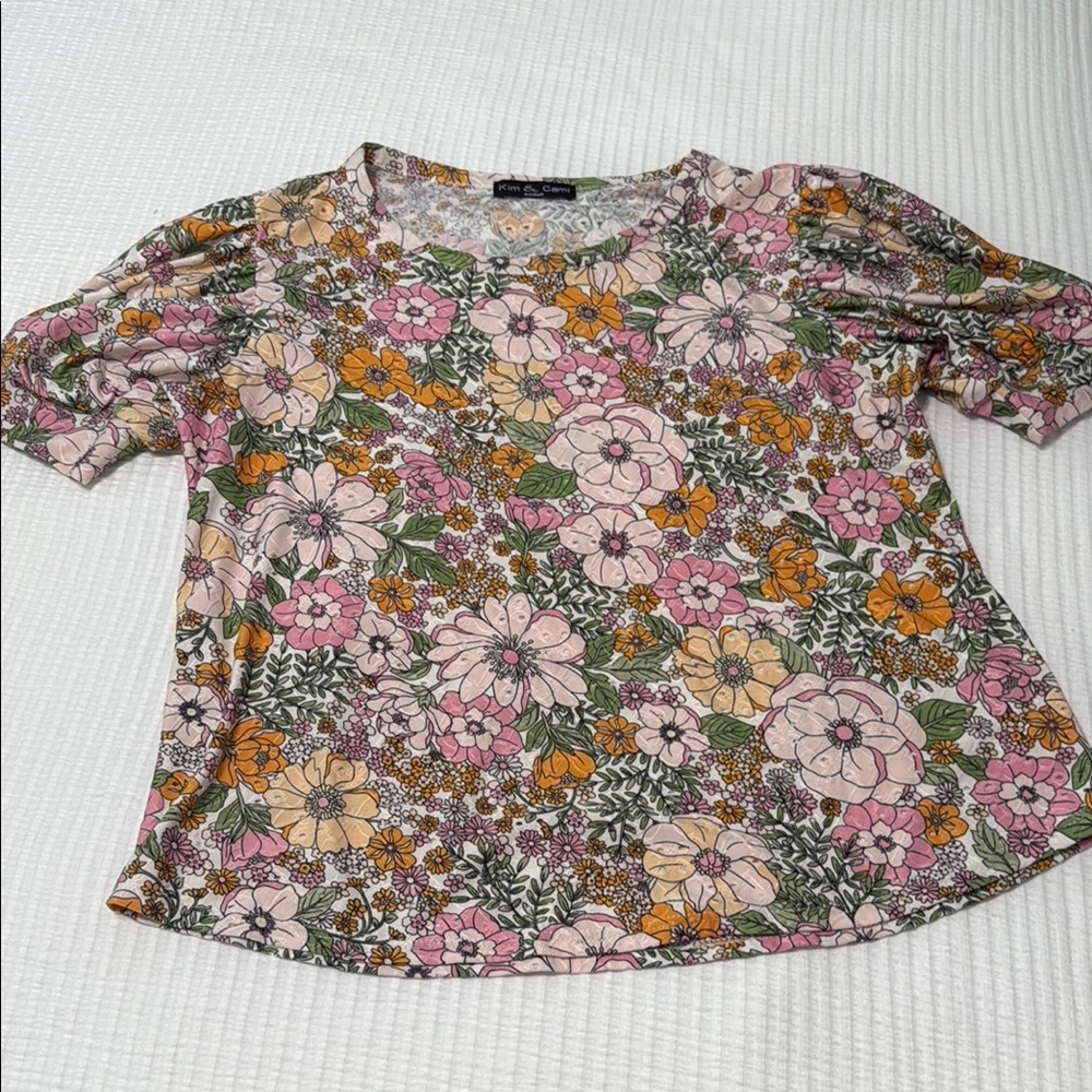 Kim & Cami Pink and Orange Fitted Short Sleeve Blouse